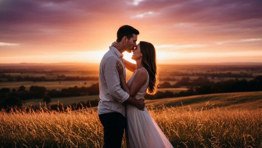 An epic moment captured during Romantic Warragul Engagement Photoshoots Victoria, featuring a couple embracing passionately at sunset on a rolling hill overlooking Warragul, Victoria, with dramatic golden light, soft focus, and professional colour grading.