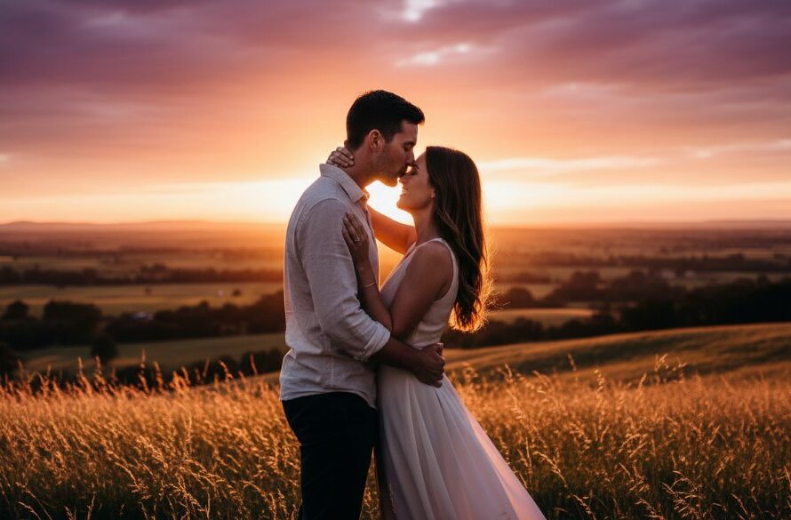 An epic moment captured during Romantic Warragul Engagement Photoshoots Victoria, featuring a couple embracing passionately at sunset on a rolling hill overlooking Warragul, Victoria, with dramatic golden light, soft focus, and professional colour grading.