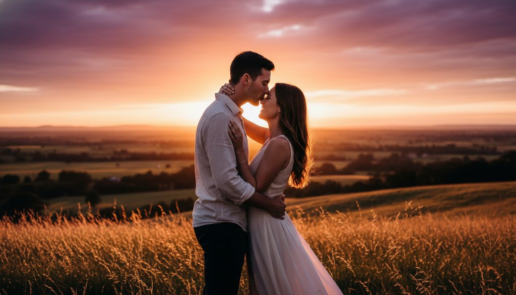 An epic moment captured during Romantic Warragul Engagement Photoshoots Victoria, featuring a couple embracing passionately at sunset on a rolling hill overlooking Warragul, Victoria, with dramatic golden light, soft focus, and professional colour grading.