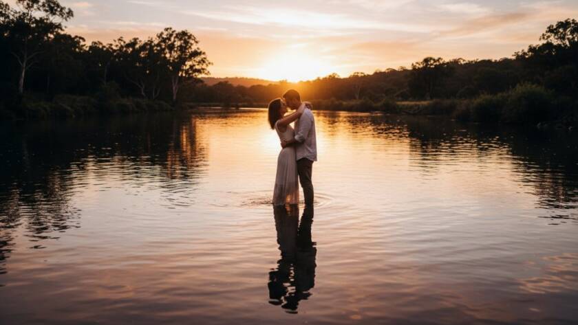 An epic moment of a couple embracing passionately at sunset, with golden light reflecting off the Yarra River in Warrandyte, Victoria, showcasing romantic Warrandyte engagement photography along Yarra River with dramatic flair.
