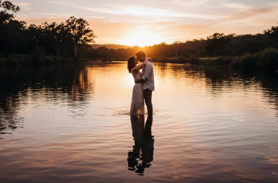 An epic moment of a couple embracing passionately at sunset, with golden light reflecting off the Yarra River in Warrandyte, Victoria, showcasing romantic Warrandyte engagement photography along Yarra River with dramatic flair.