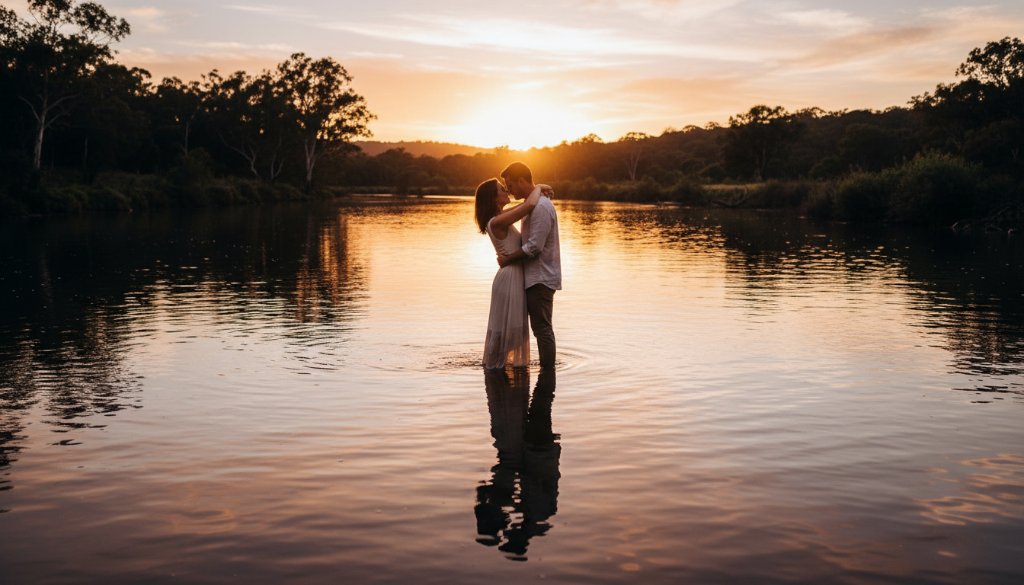 An epic moment of a couple embracing passionately at sunset, with golden light reflecting off the Yarra River in Warrandyte, Victoria, showcasing romantic Warrandyte engagement photography along Yarra River with dramatic flair.