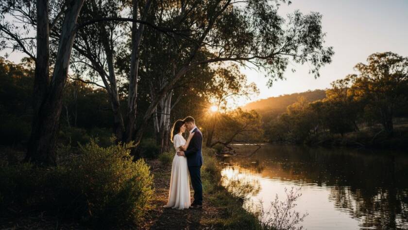An epic, cinematic moment captured during a romantic Warrandyte riverside pre-wedding photography session, featuring a couple embracing near the golden hour riverbanks, dramatic light.