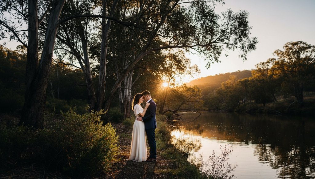 An epic, cinematic moment captured during a romantic Warrandyte riverside pre-wedding photography session, featuring a couple embracing near the golden hour riverbanks, dramatic light.