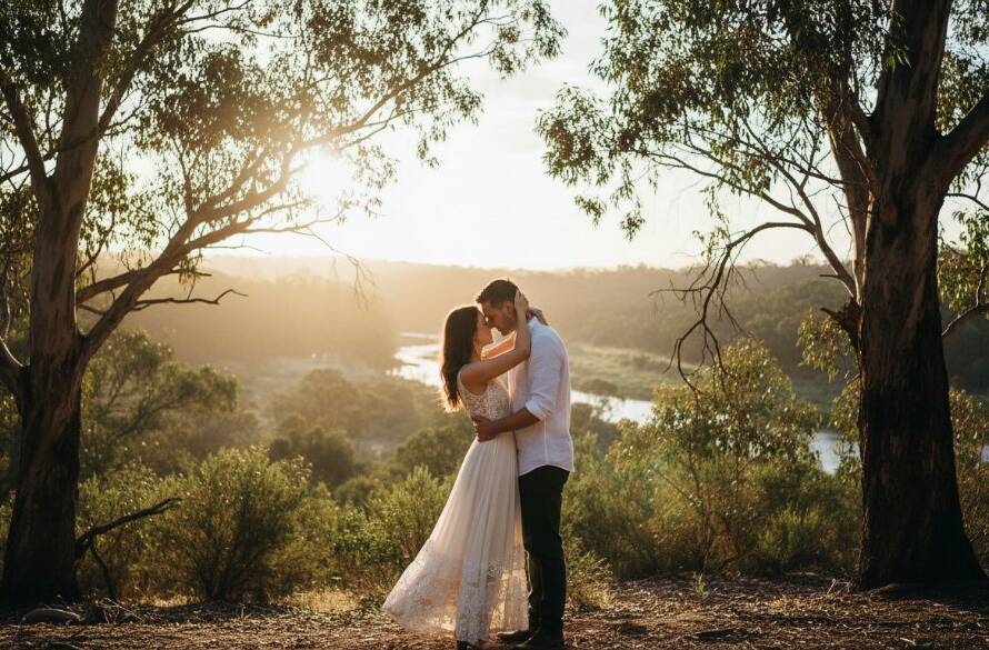 A couple embracing dramatically at sunset amidst the golden light and natural bushland of Warrandyte South during their romantic Warrandyte South pre-wedding photoshoot, creating an epic, emotionally resonant image.
