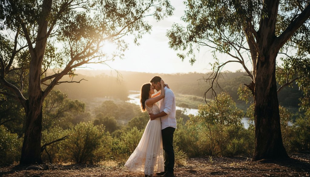 A couple embracing dramatically at sunset amidst the golden light and natural bushland of Warrandyte South during their romantic Warrandyte South pre-wedding photoshoot, creating an epic, emotionally resonant image.