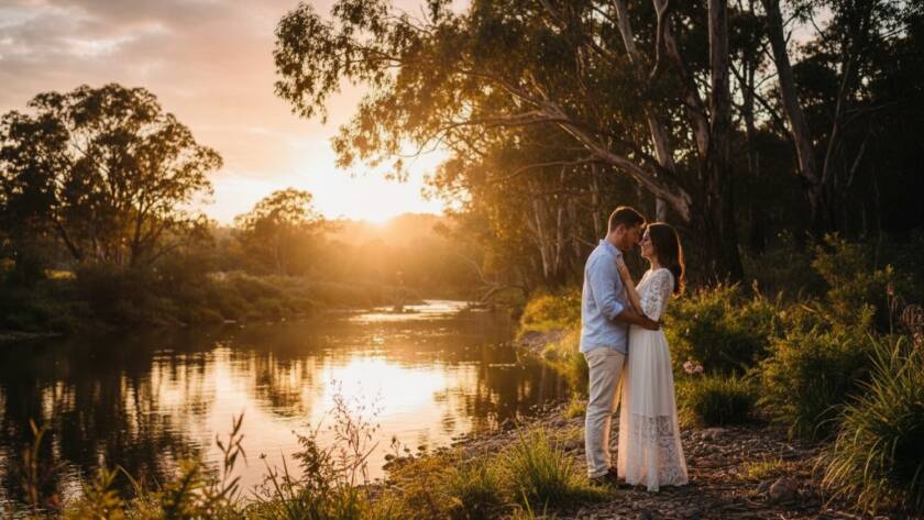 A couple shares a tender kiss during a romantic Warrandyte South pre-wedding photoshoot at sunset by the Yarra River, with golden light filtering through eucalyptus trees, capturing an epic, intimate moment.