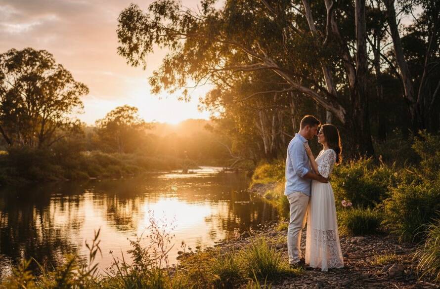 A couple shares a tender kiss during a romantic Warrandyte South pre-wedding photoshoot at sunset by the Yarra River, with golden light filtering through eucalyptus trees, capturing an epic, intimate moment.