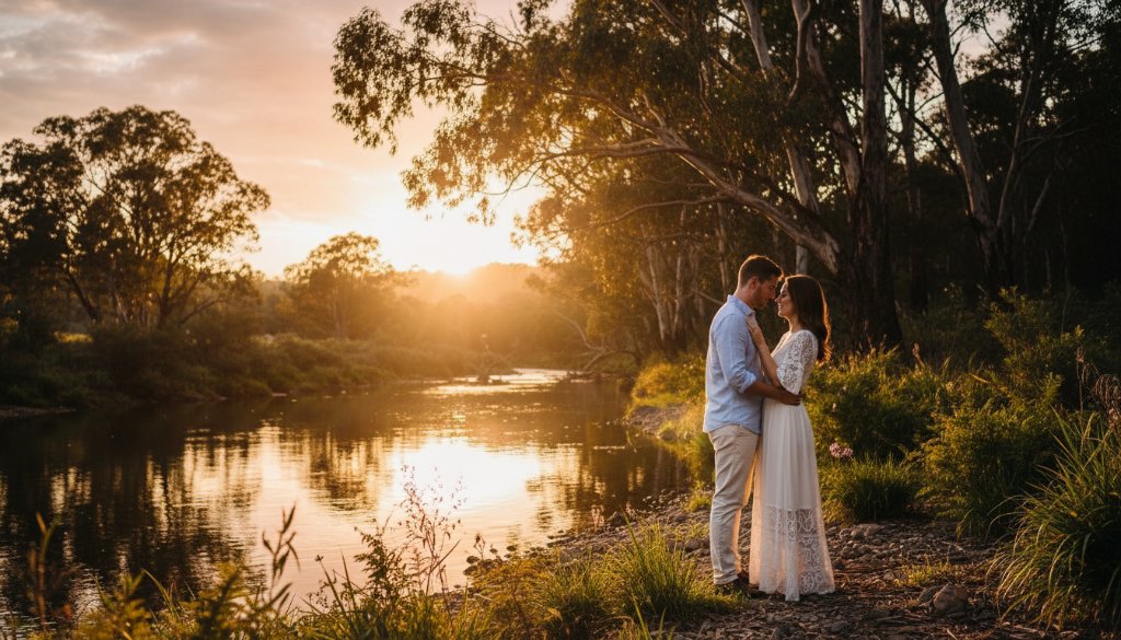 A couple shares a tender kiss during a romantic Warrandyte South pre-wedding photoshoot at sunset by the Yarra River, with golden light filtering through eucalyptus trees, capturing an epic, intimate moment.