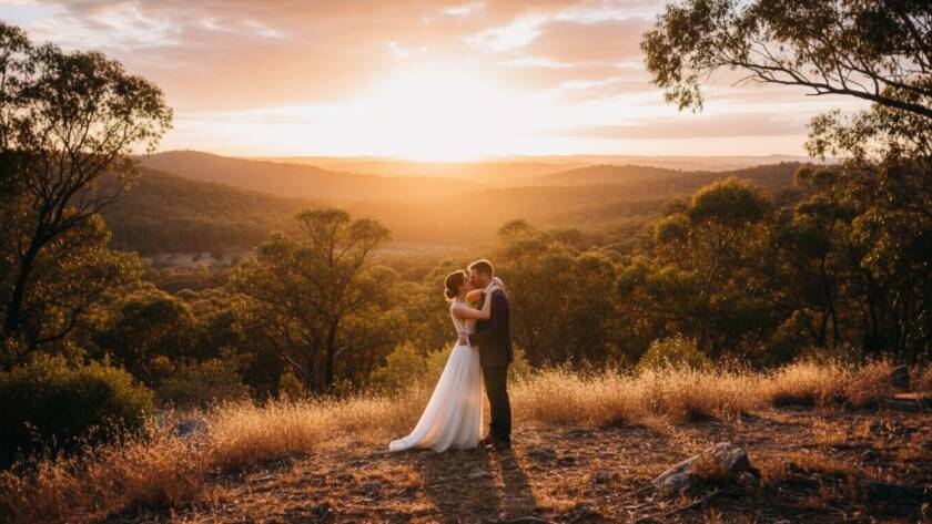 A breathtaking, wide-angle shot of a couple sharing a romantic kiss at sunset, silhouetted against the stunning Warrandyte South bushland, embodying romantic Warrandyte South wedding photography capturing natural beauty.