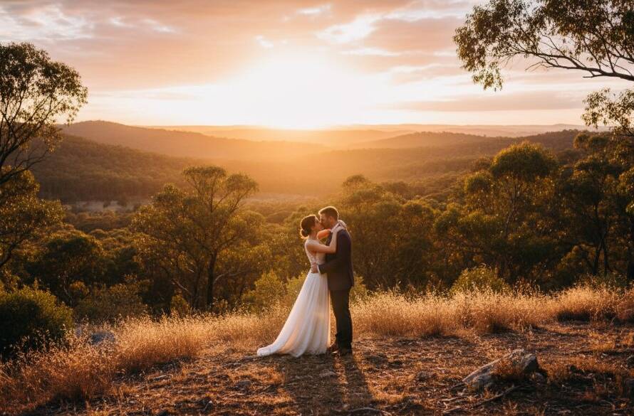 A breathtaking, wide-angle shot of a couple sharing a romantic kiss at sunset, silhouetted against the stunning Warrandyte South bushland, embodying romantic Warrandyte South wedding photography capturing natural beauty.