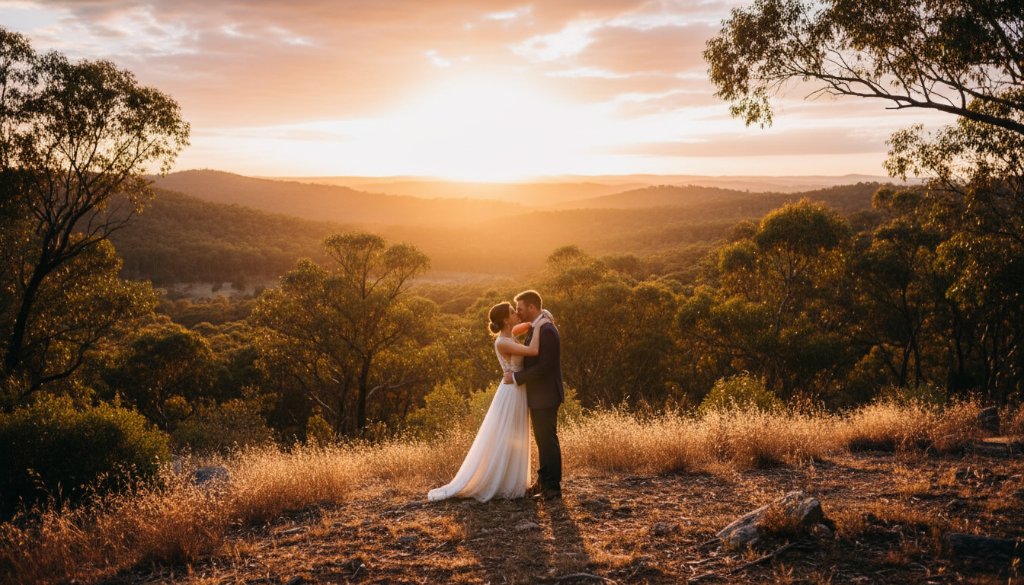 A breathtaking, wide-angle shot of a couple sharing a romantic kiss at sunset, silhouetted against the stunning Warrandyte South bushland, embodying romantic Warrandyte South wedding photography capturing natural beauty.