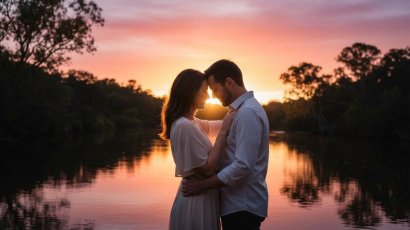 A couple shares a tender, romantic Warrandyte Yarra River engagement photos moment at sunset, embraced by golden light, with the tranquil Yarra River and natural bushland forming a breathtaking, cinematic backdrop, capturing their genuine connection.