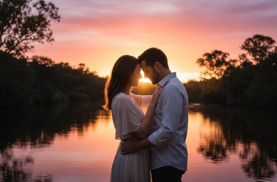 A couple shares a tender, romantic Warrandyte Yarra River engagement photos moment at sunset, embraced by golden light, with the tranquil Yarra River and natural bushland forming a breathtaking, cinematic backdrop, capturing their genuine connection.