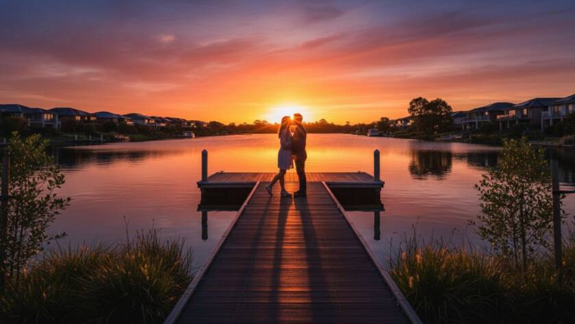 A couple shares a romantic embrace at sunset during their waterways victoria canal engagement session, with golden light reflecting off the serene water and lush greenery, capturing an epic, intimate moment.