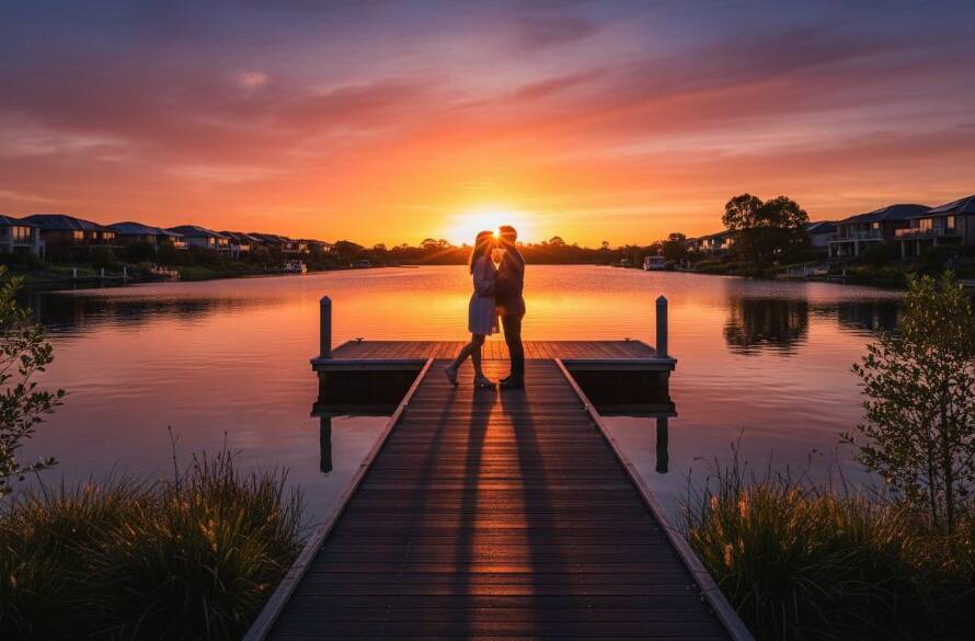 A couple shares a romantic embrace at sunset during their waterways victoria canal engagement session, with golden light reflecting off the serene water and lush greenery, capturing an epic, intimate moment.