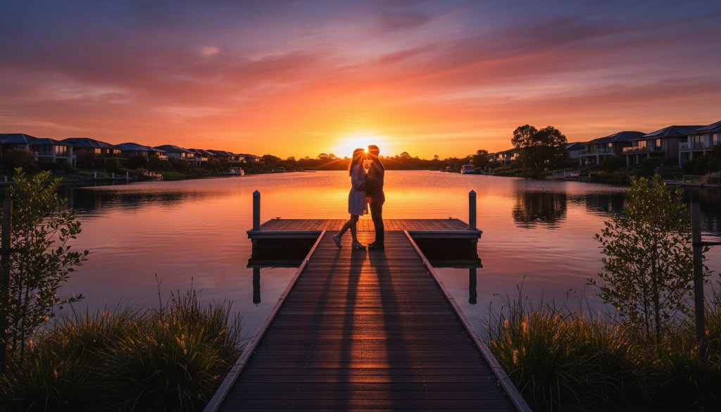 A couple shares a romantic embrace at sunset during their waterways victoria canal engagement session, with golden light reflecting off the serene water and lush greenery, capturing an epic, intimate moment.