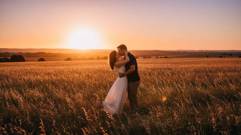 A couple shares a tender, joyful embrace at sunset in Waurn Ponds, overlooking a scenic vineyard, showcasing a romantic Waurn Ponds engagement photoshoot experience with dramatic golden hour lighting and professional colour grading.