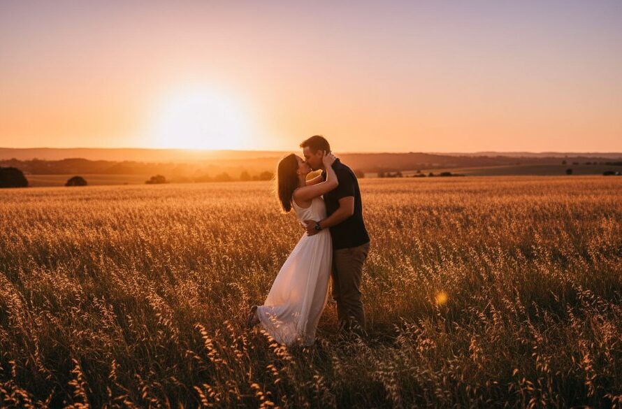 A couple shares a tender, joyful embrace at sunset in Waurn Ponds, overlooking a scenic vineyard, showcasing a romantic Waurn Ponds engagement photoshoot experience with dramatic golden hour lighting and professional colour grading.