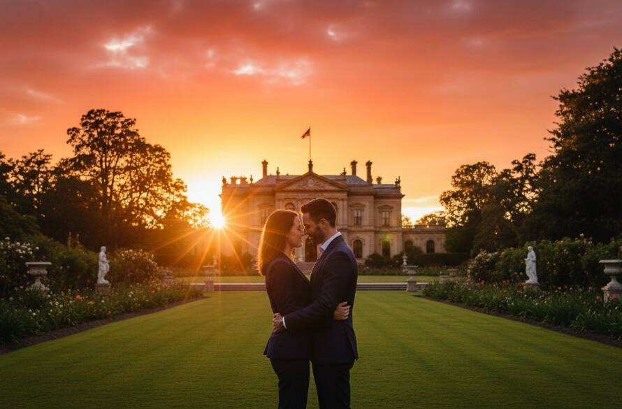 An epic wide-angle shot of a couple embracing passionately at one of the romantic Werribee pre-wedding photoshoot locations, bathed in golden hour light, with Werribee Mansion in the background, showcasing their profound love and anticipation.