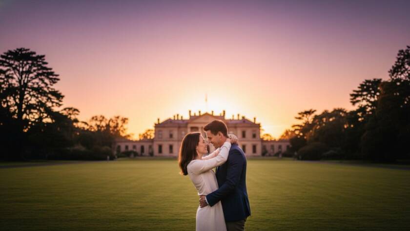 A couple embraces passionately at sunset during their romantic Werribee South pre-wedding photography session, with the historic Werribee Mansion in the soft-focused background and golden hour light reflecting on the bay, captured in a cinematic, epic moment style.