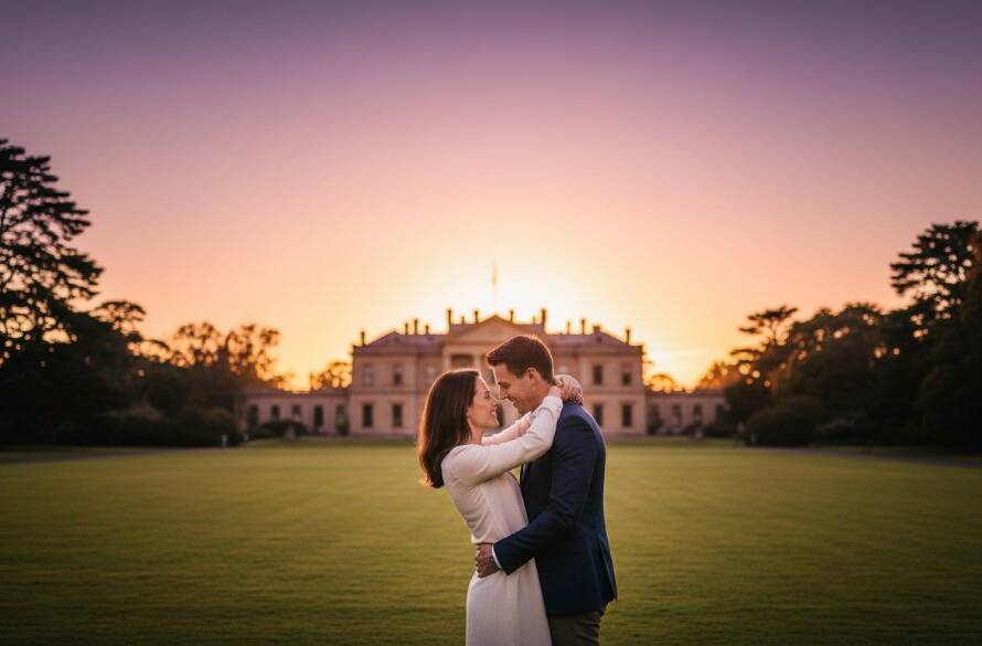 A couple embraces passionately at sunset during their romantic Werribee South pre-wedding photography session, with the historic Werribee Mansion in the soft-focused background and golden hour light reflecting on the bay, captured in a cinematic, epic moment style.