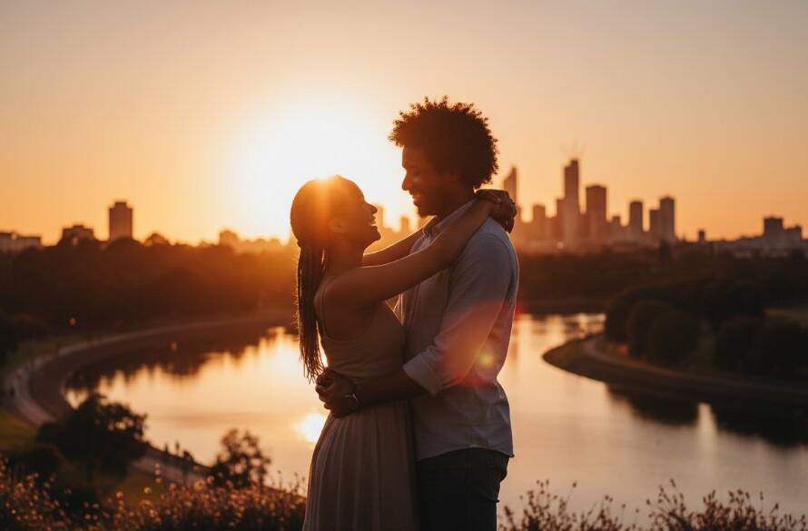 A couple shares a romantic embrace at sunset during their West Footscray engagement photography session, silhouetted against the iconic Footscray Park skyline, captured with dramatic lighting and professional colour grading.