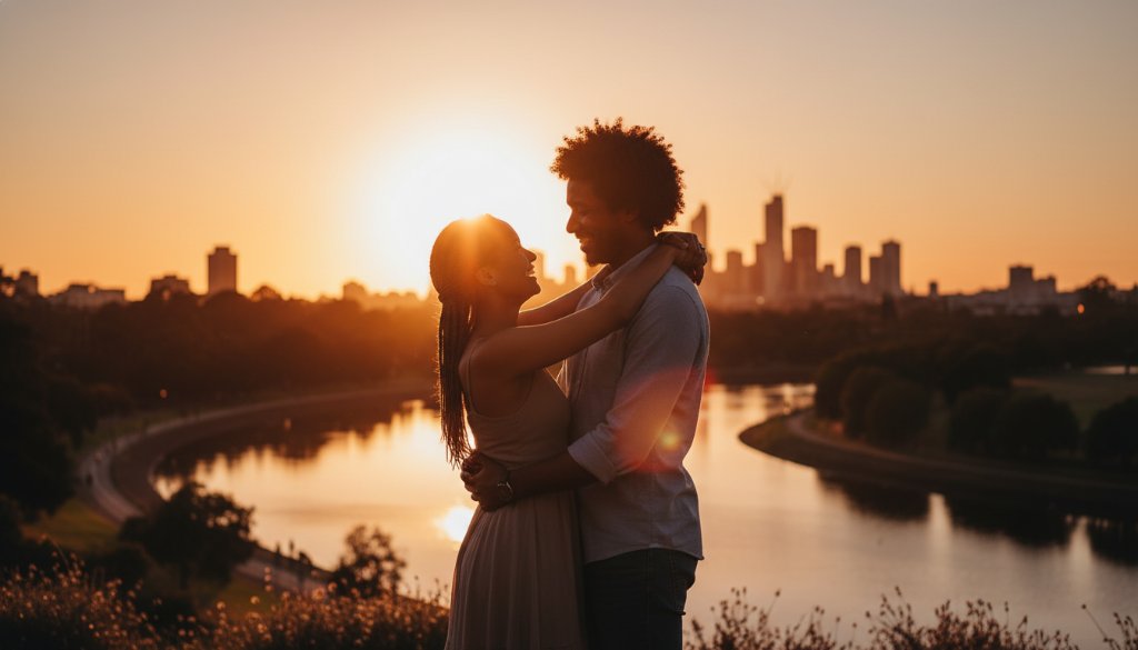 A couple shares a romantic embrace at sunset during their West Footscray engagement photography session, silhouetted against the iconic Footscray Park skyline, captured with dramatic lighting and professional colour grading.