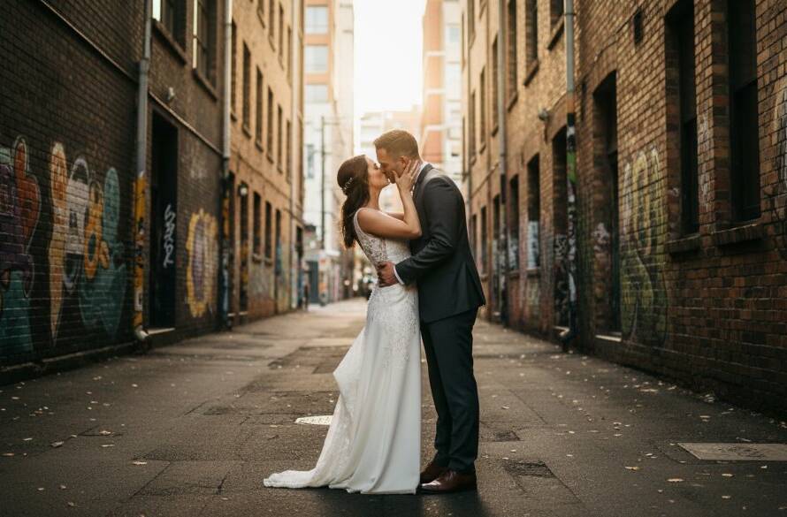 An epic moment of a newlywed couple sharing a tender kiss under soft, dappled light in a charming, graffiti-adorned West Footscray laneway, showcasing romantic West Footscray laneway wedding photography at its best.