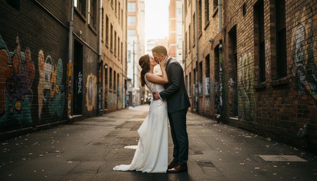 An epic moment of a newlywed couple sharing a tender kiss under soft, dappled light in a charming, graffiti-adorned West Footscray laneway, showcasing romantic West Footscray laneway wedding photography at its best.