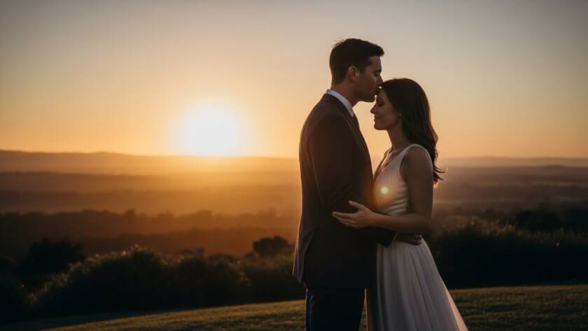 An emotionally resonant, epic moment captured during a romantic Wheelers Hill pre-wedding photography session, featuring a couple embracing against a dramatic, golden hour sky over the Dandenong Ranges.