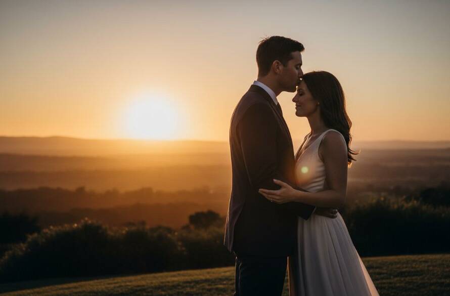 An emotionally resonant, epic moment captured during a romantic Wheelers Hill pre-wedding photography session, featuring a couple embracing against a dramatic, golden hour sky over the Dandenong Ranges.