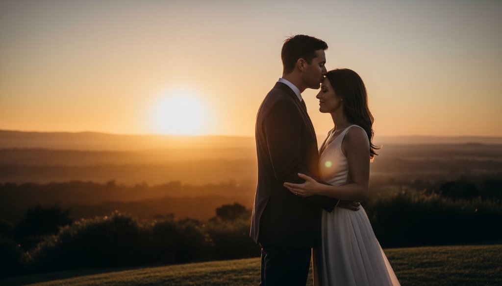 An emotionally resonant, epic moment captured during a romantic Wheelers Hill pre-wedding photography session, featuring a couple embracing against a dramatic, golden hour sky over the Dandenong Ranges.