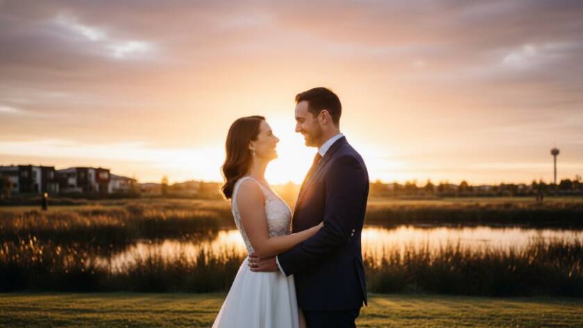 An elegant couple shares romantic Williams Landing wedding photography moments at sunset, with dramatic lighting silhouetting them against a vibrant sky, capturing a heartfelt embrace near the wetlands.