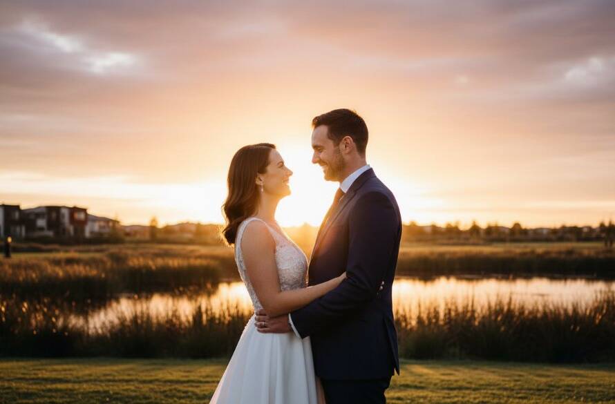 An elegant couple shares romantic Williams Landing wedding photography moments at sunset, with dramatic lighting silhouetting them against a vibrant sky, capturing a heartfelt embrace near the wetlands.