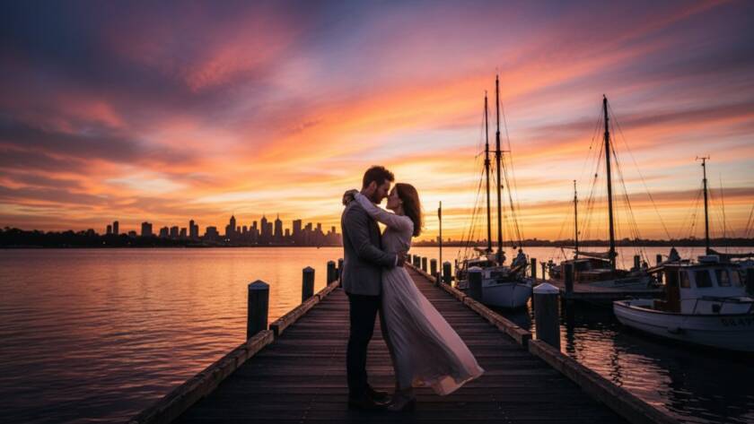 An epic and romantic Williamstown pre-wedding photoshoot iconic locations capture, featuring a couple embracing dramatically against a sunset sky over the historic Gem Pier, showcasing their love story with a cinematic feel.