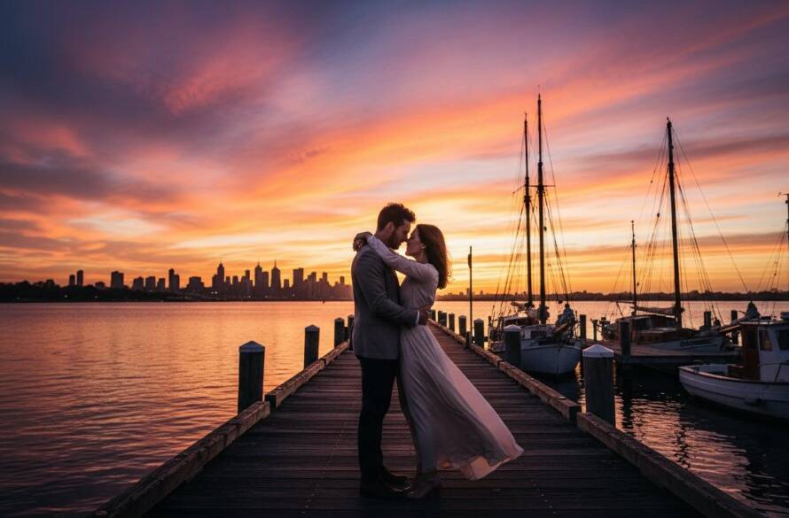 An epic and romantic Williamstown pre-wedding photoshoot iconic locations capture, featuring a couple embracing dramatically against a sunset sky over the historic Gem Pier, showcasing their love story with a cinematic feel.