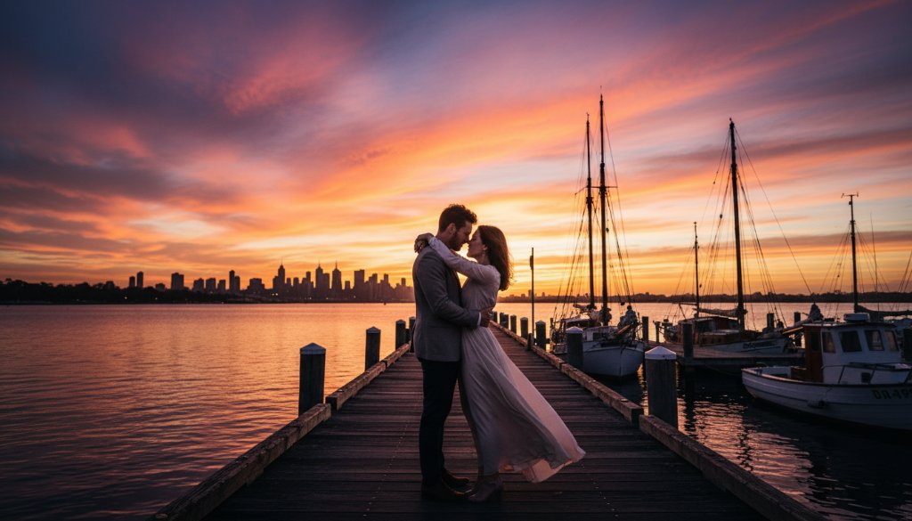 An epic and romantic Williamstown pre-wedding photoshoot iconic locations capture, featuring a couple embracing dramatically against a sunset sky over the historic Gem Pier, showcasing their love story with a cinematic feel.