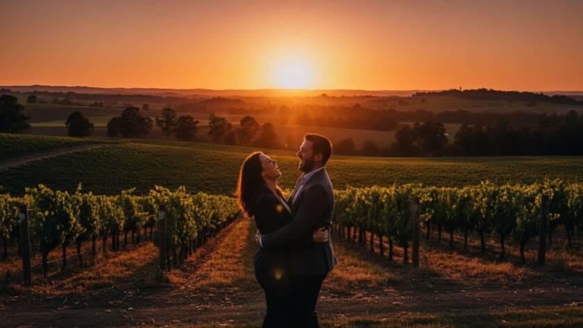A couple embraces tenderly at sunset amidst rolling hills, showcasing romantic Wonga Park engagement photography, with golden light illuminating their joyful expressions and the breathtaking Victorian landscape in the background.