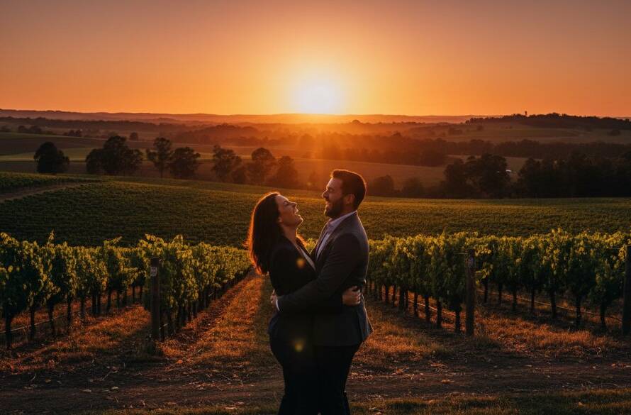 A couple embraces tenderly at sunset amidst rolling hills, showcasing romantic Wonga Park engagement photography, with golden light illuminating their joyful expressions and the breathtaking Victorian landscape in the background.