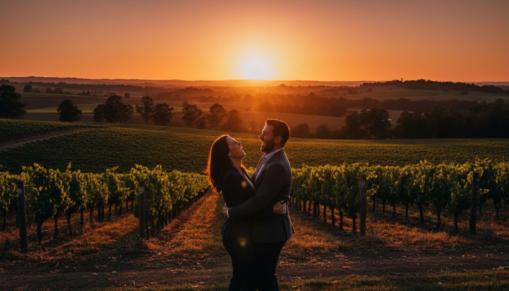 A couple embraces tenderly at sunset amidst rolling hills, showcasing romantic Wonga Park engagement photography, with golden light illuminating their joyful expressions and the breathtaking Victorian landscape in the background.