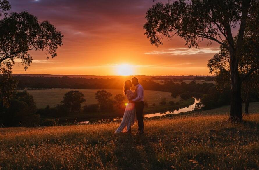 An epic moment from a romantic Wonga Park engagement photoshoot, capturing a couple embracing at sunset amidst the lush Victorian landscape, with dramatic golden light filtering through trees, evoking warmth and connection.