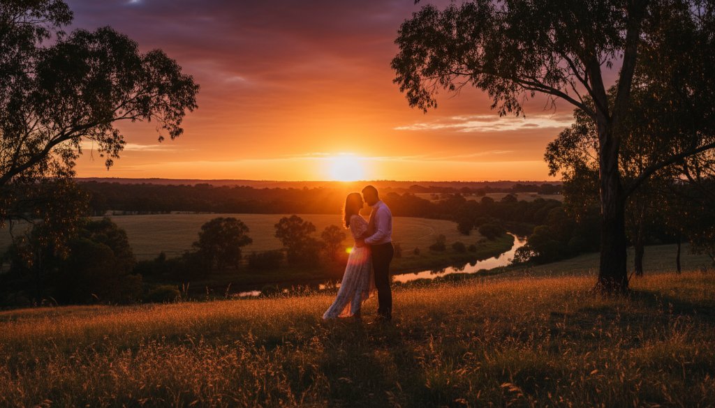 An epic moment from a romantic Wonga Park engagement photoshoot, capturing a couple embracing at sunset amidst the lush Victorian landscape, with dramatic golden light filtering through trees, evoking warmth and connection.