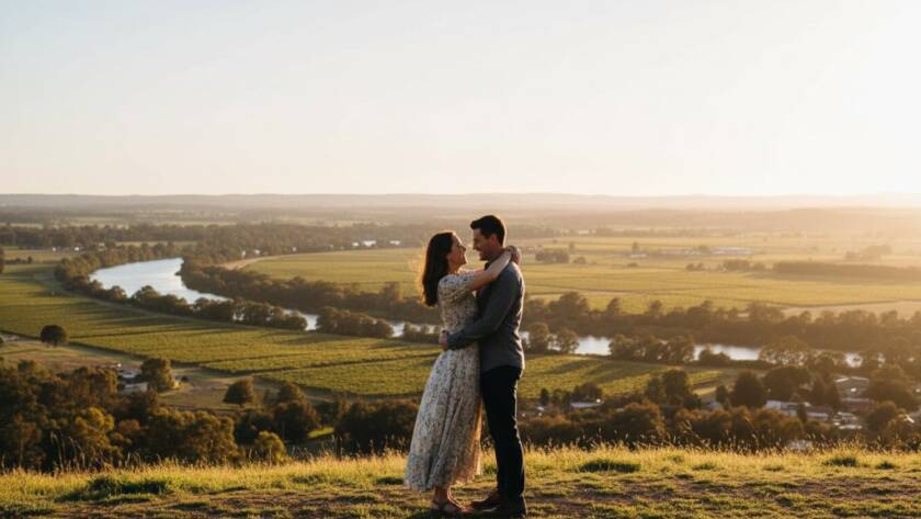 An epic wide shot of a couple embracing passionately at sunset during their Romantic Wonga Park pre-wedding photoshoot Yarra Valley, with rolling hills and distant Yarra River shimmering under golden light.