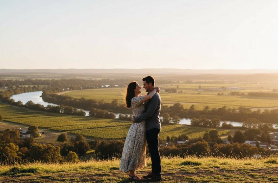An epic wide shot of a couple embracing passionately at sunset during their Romantic Wonga Park pre-wedding photoshoot Yarra Valley, with rolling hills and distant Yarra River shimmering under golden light.