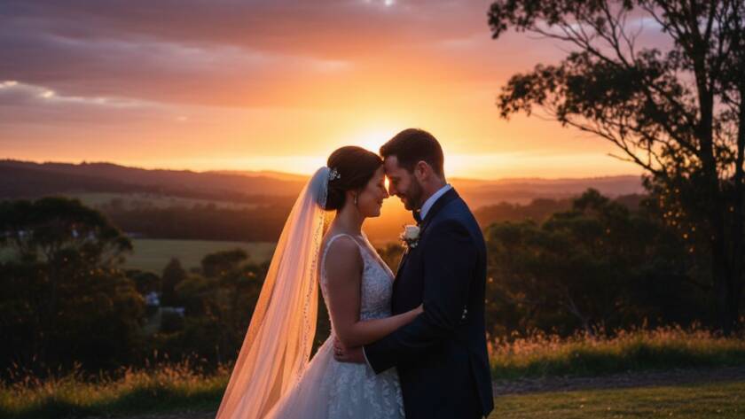 A newly married couple shares a tender embrace amidst the golden hour, bathed in a romantic Wonga Park wedding photography with sunset glow, with the rolling hills of Victoria in the background.
