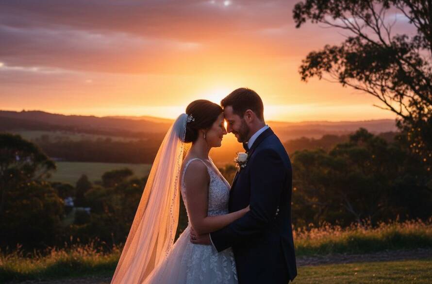 A newly married couple shares a tender embrace amidst the golden hour, bathed in a romantic Wonga Park wedding photography with sunset glow, with the rolling hills of Victoria in the background.