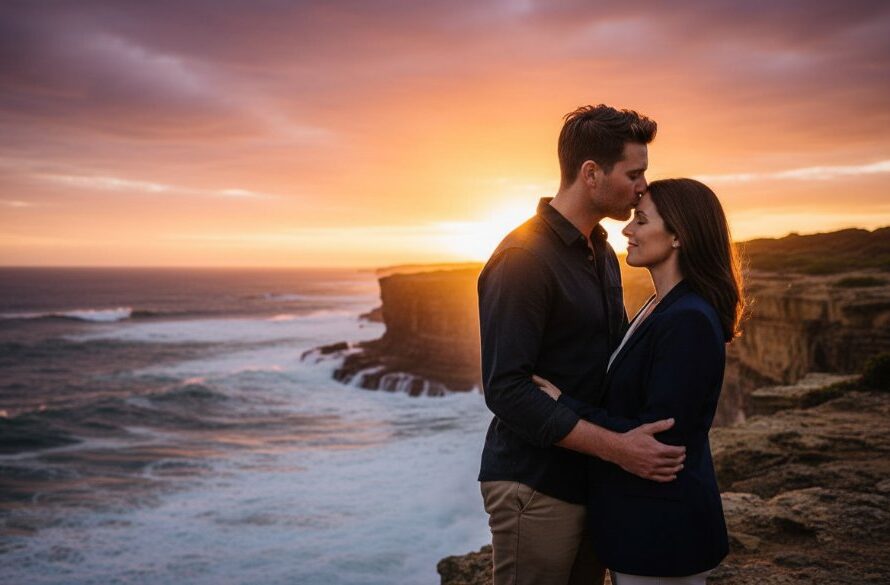 A couple shares a tender embrace during a romantic Wonthaggi pre-wedding photoshoot on Bass Coast, with dramatic sunset light silhouetting them against rugged cliffs and crashing waves, showcasing an epic moment.