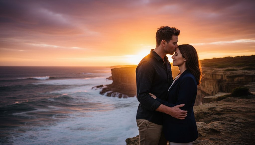 A couple shares a tender embrace during a romantic Wonthaggi pre-wedding photoshoot on Bass Coast, with dramatic sunset light silhouetting them against rugged cliffs and crashing waves, showcasing an epic moment.
