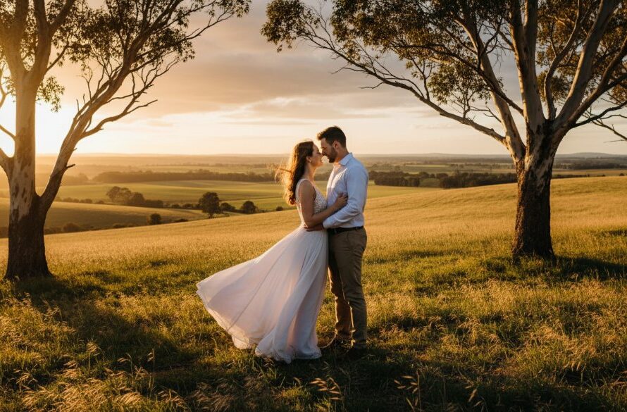 An emotionally resonant and epic moment from a romantic Woodend pre-wedding photography adventures shoot, featuring a couple embracing passionately amidst the dramatic golden light of a setting sun over rolling hills and ancient gum trees, with professional color grading.